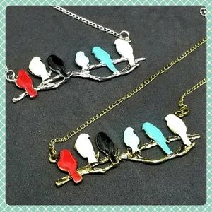 Enameled Birds on a Branch Necklaces